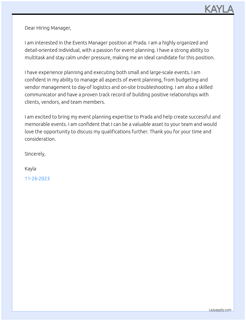 Events Manager At Prada Cover Letter