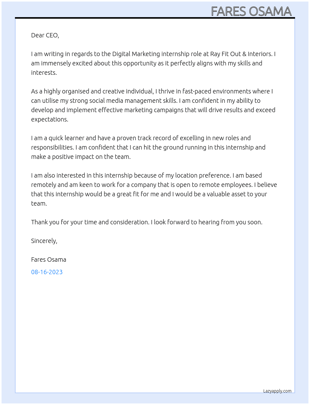 Digital Marketing  At Ray Fit Out & Interiors Cover Letter