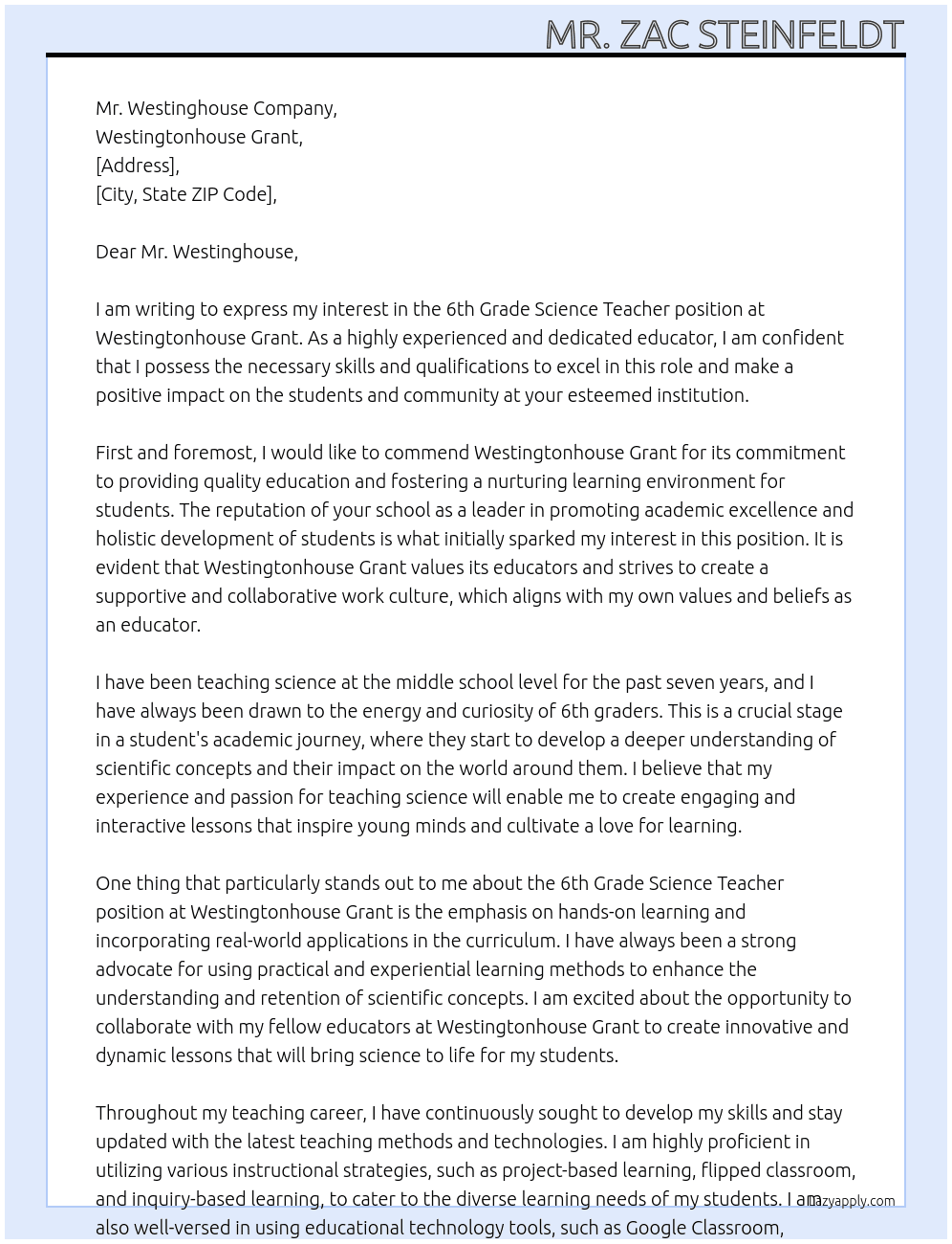 6th Grade Science Teacher At Westingtonhouse Grant Cover Letter