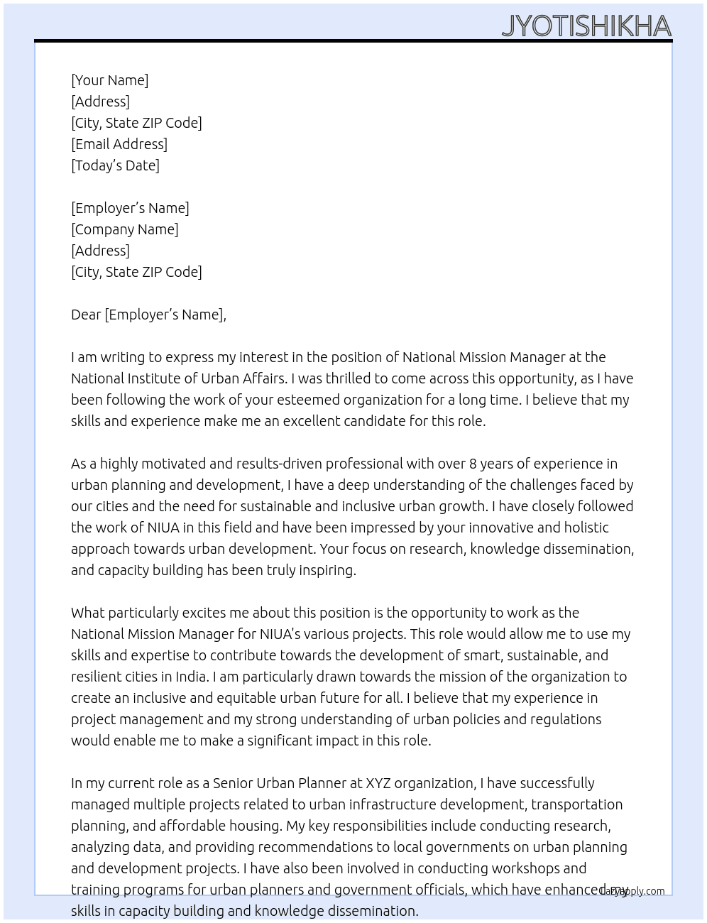 National Mission Manager At National Institute of Urban Affairs Cover Letter