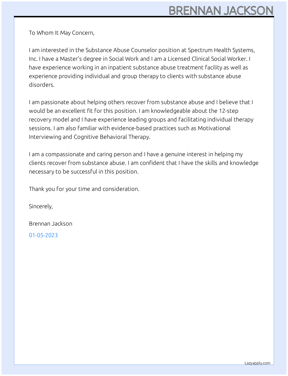 Substance Abuse Counselor At Spectrum Health Systems, Inc. Cover Letter