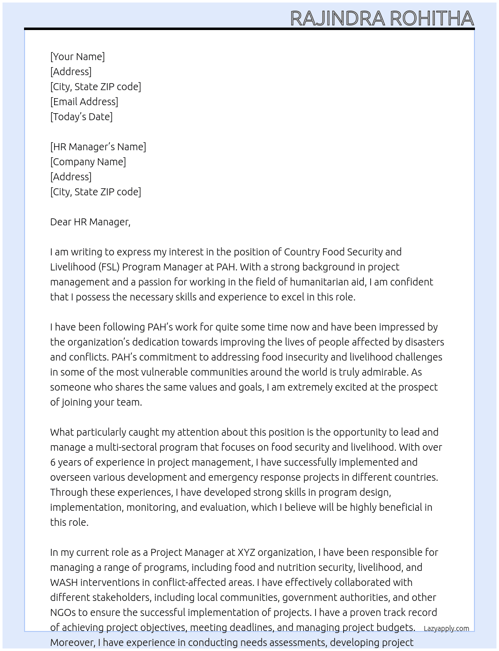 Country Food Security and Livelihood (FSL) Program Manager At PAH Cover Letter
