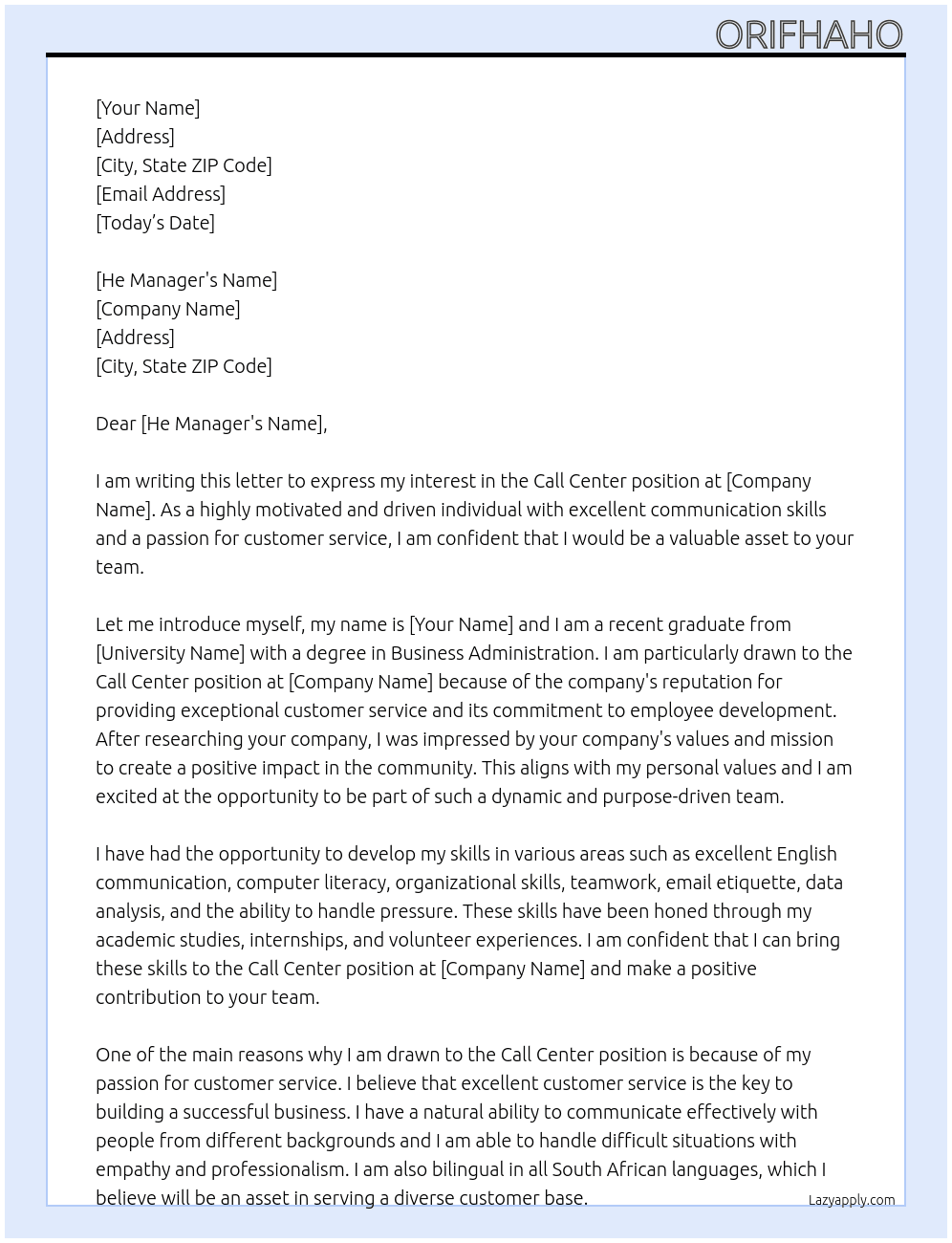 Call center  At M Cover Letter