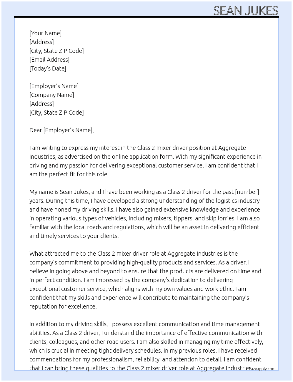 Class 2 mixer driver At Aggregate industries Cover Letter