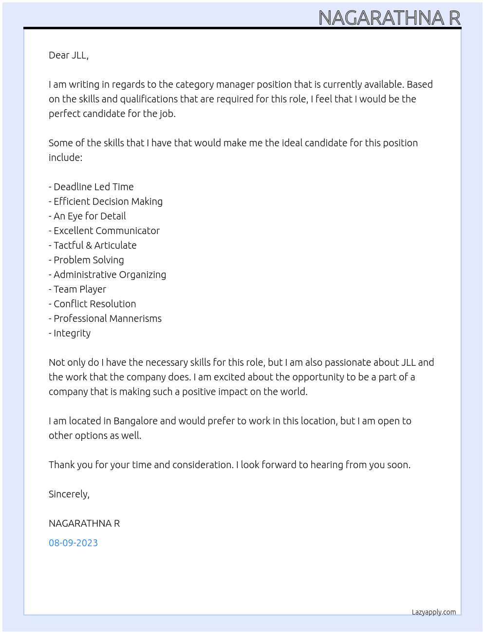 category manager  At JLL Cover Letter