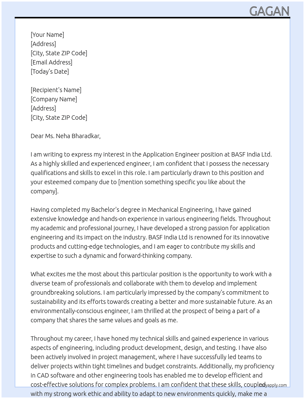 Application engineer  At BASF India Ltd  Cover Letter