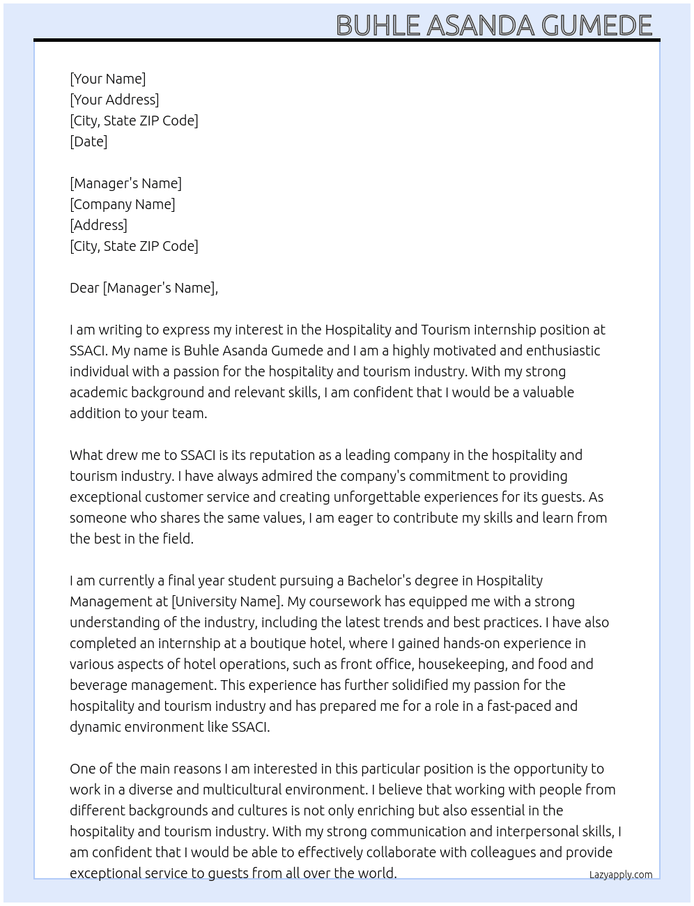 Hospitality and Tourism internship  At SSACI Cover Letter