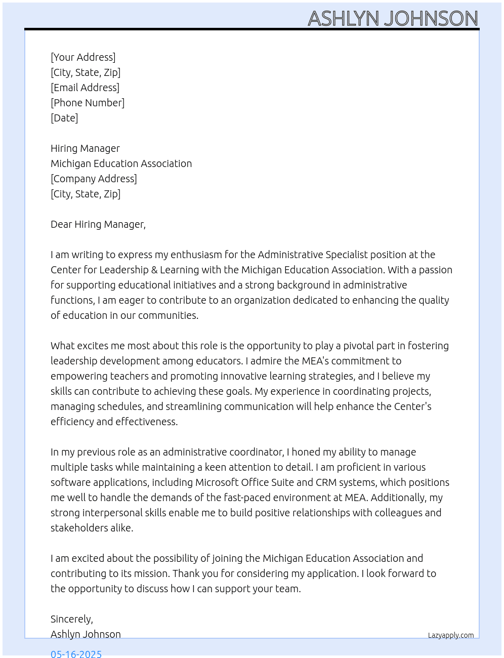 Administrative Specialist-Center for Leadership & Learning At Michigan Education Association Cover Letter