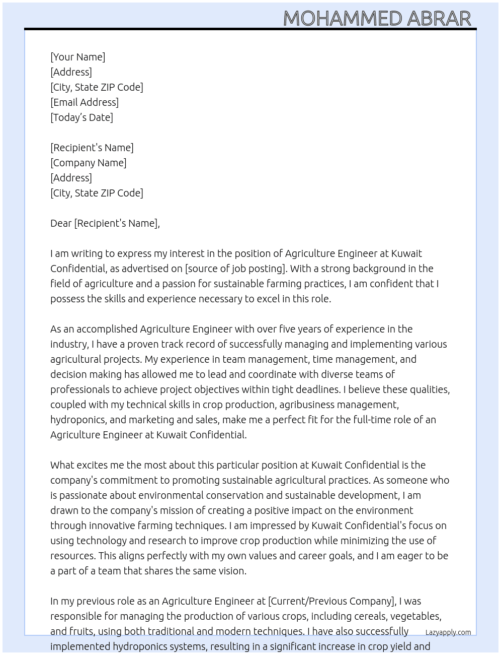 Agriculture engineer  At Kuwait confidential  Cover Letter