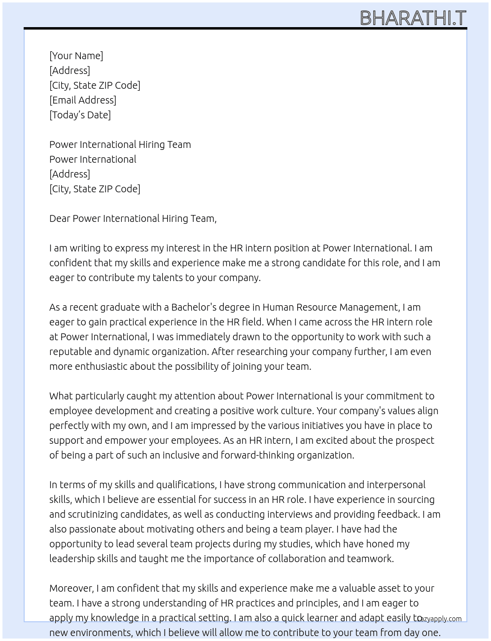 Hr intern At Power international  Cover Letter