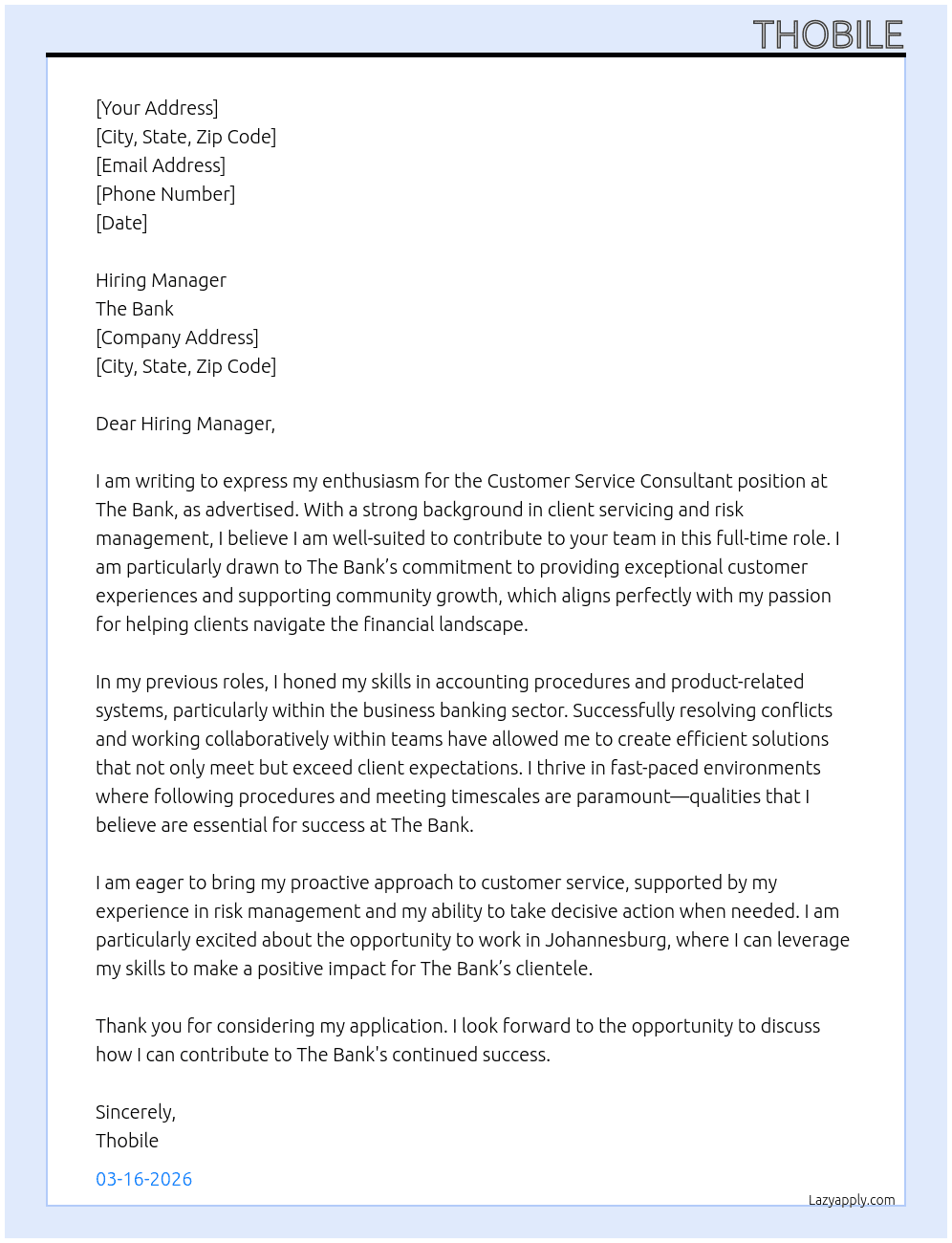 Customer Service Consultant At the bank Cover Letter