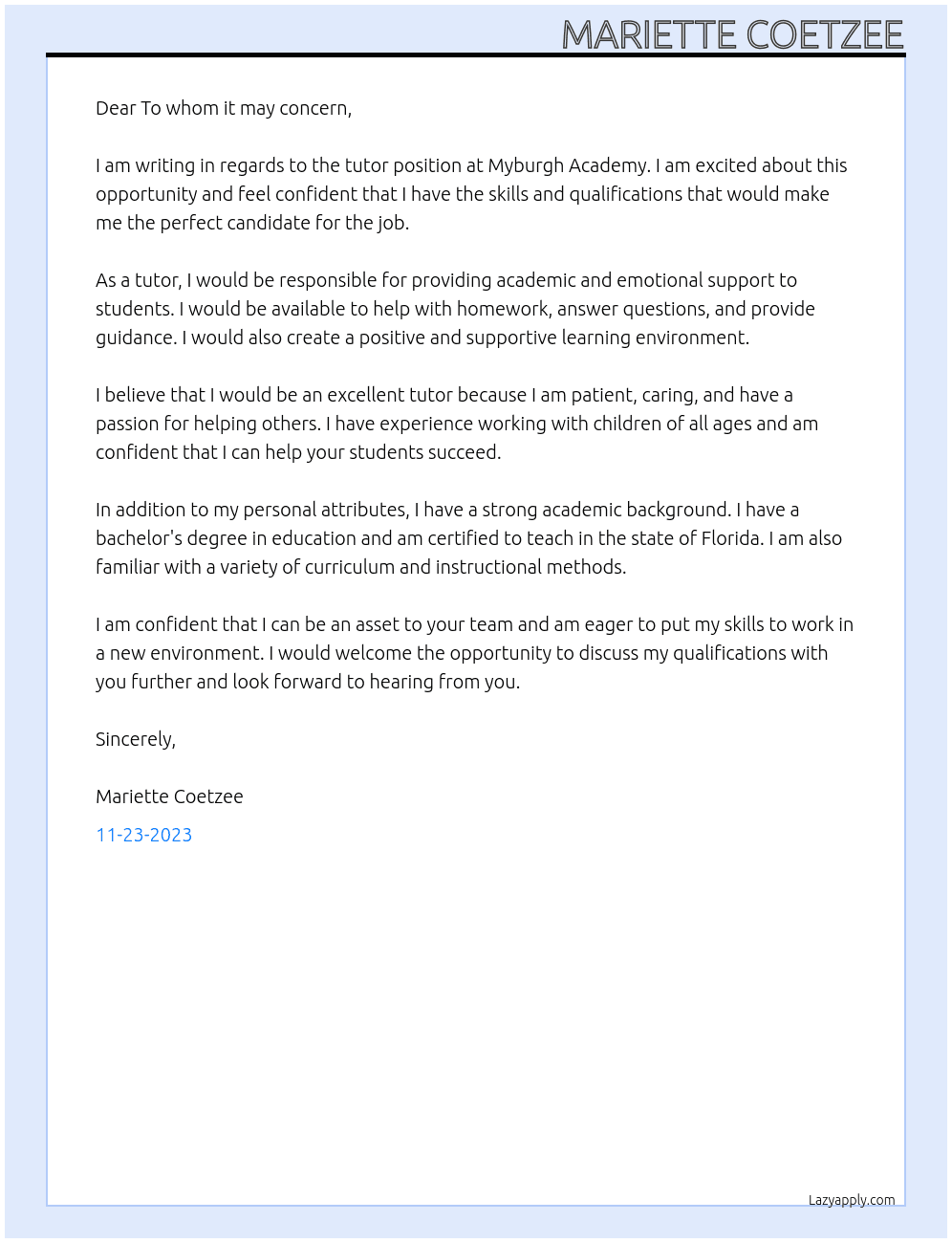 Tutor At Myburgh Academy Cover Letter