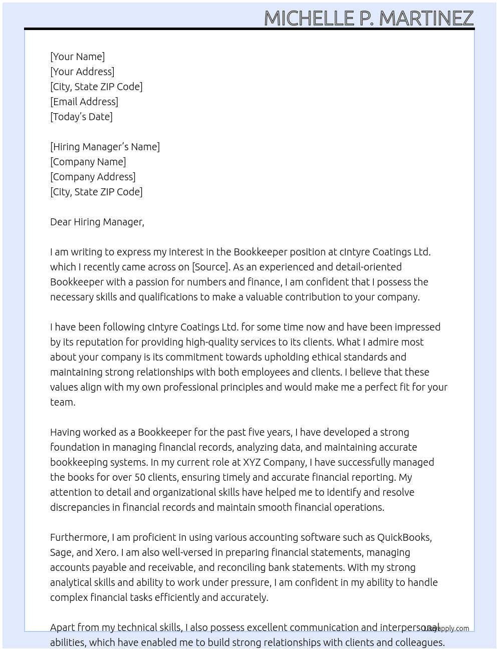 Bookkeeper At cIntyre Coatings Ltd. Cover Letter