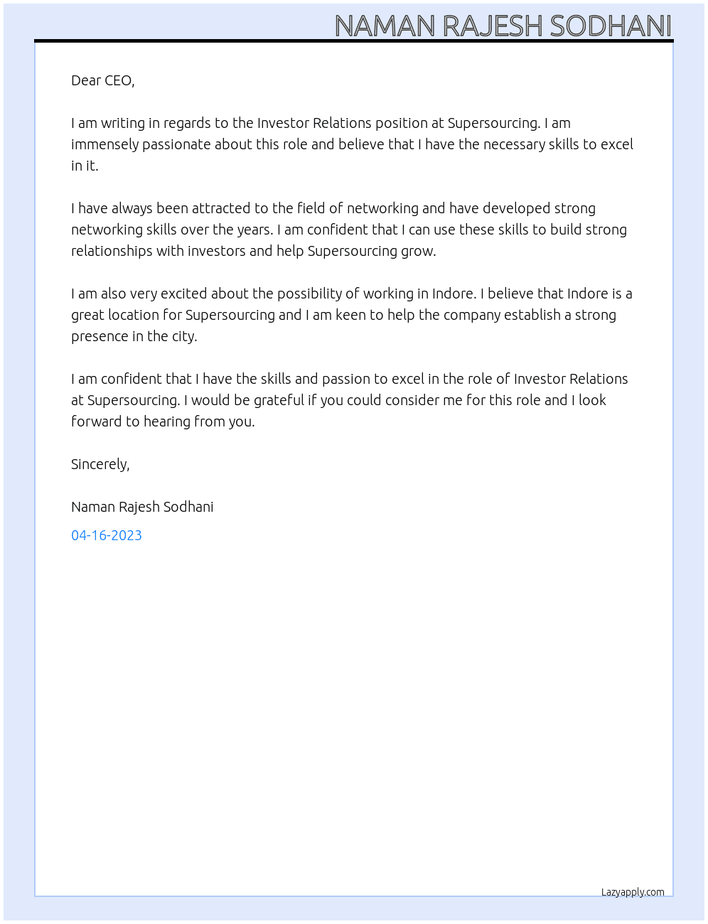 Investor Relations At Supersourcing Cover Letter