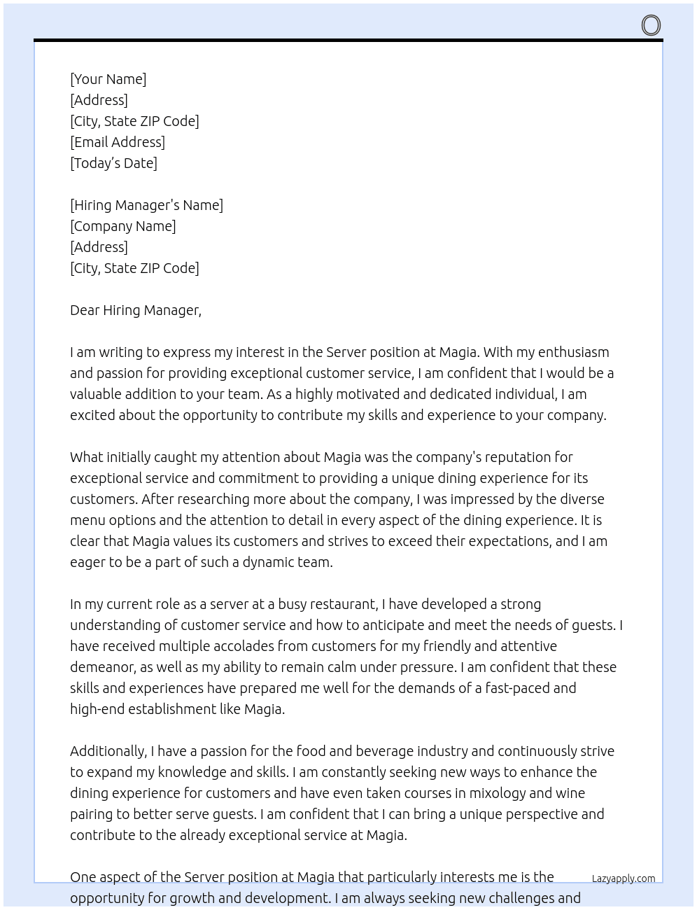Server At Magia Cover Letter