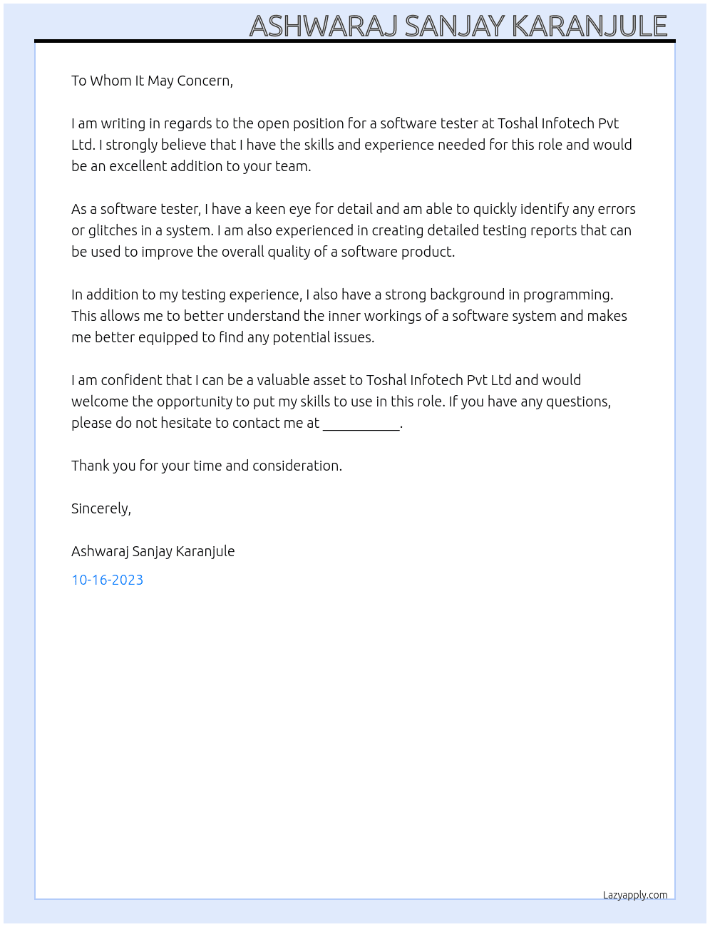Software tester At Toshal Infotech Pvt Ltd. Cover Letter