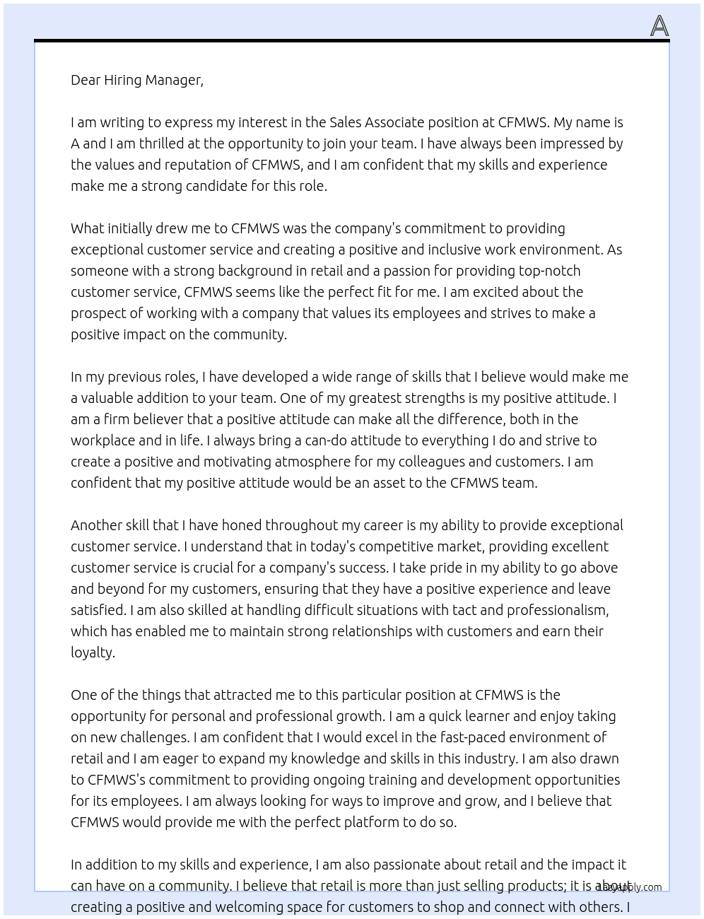Sales Associate At CFMWS Cover Letter