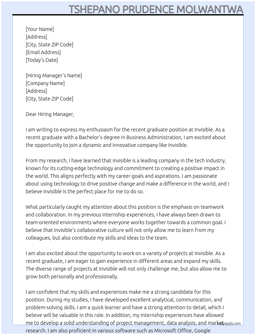 Recent graduate At Invisible Cover Letter