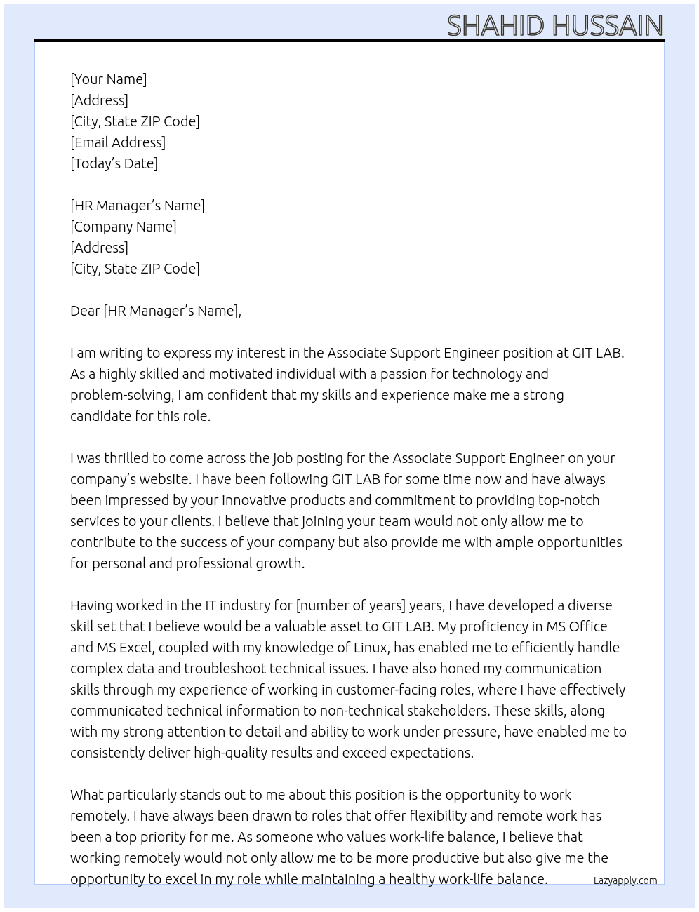 Associate Support Engineer  At GIT LAB Cover Letter