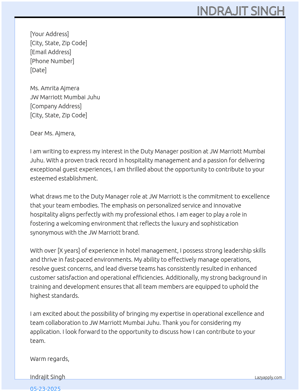 Duty Manager At JW Marriott Mumbai Juhu Cover Letter