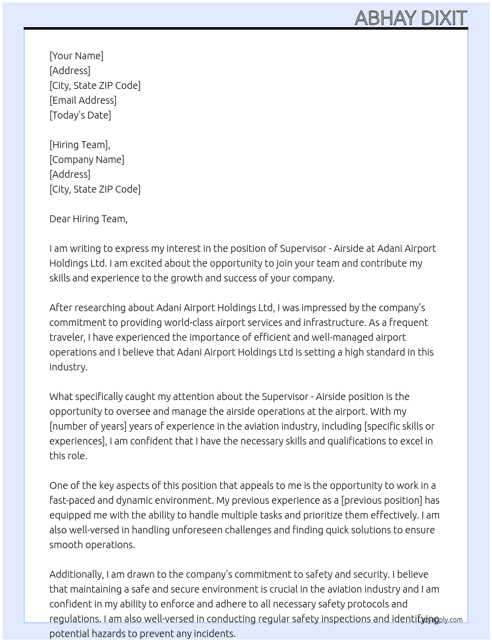 Supervisior - Airside At Adani Airport Holdings Ltd Cover Letter