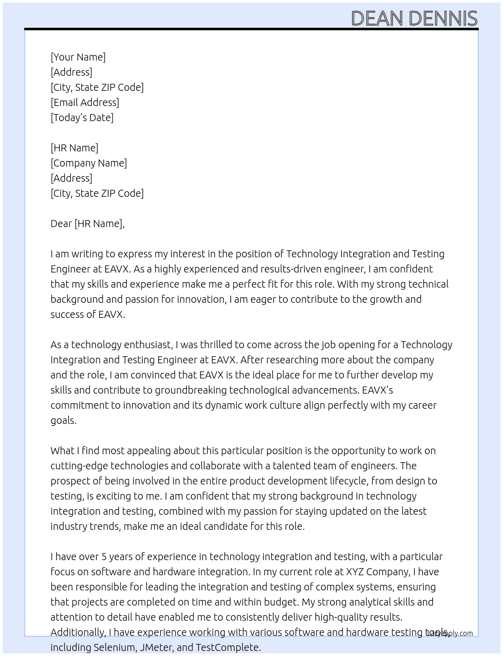 Technology Integration and Testing Engineer At EAVX Cover Letter