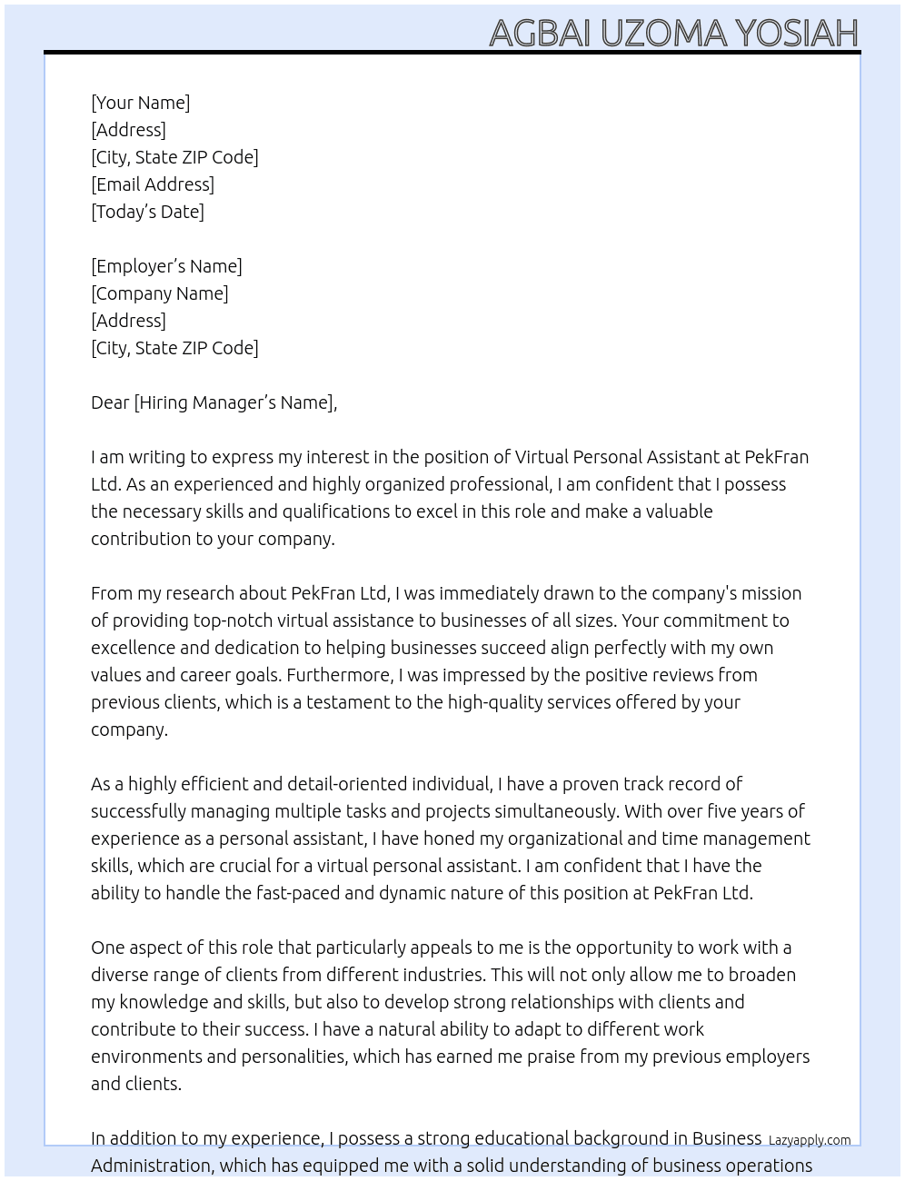 Virtual Personal Assistant At PekFran Ltd Cover Letter