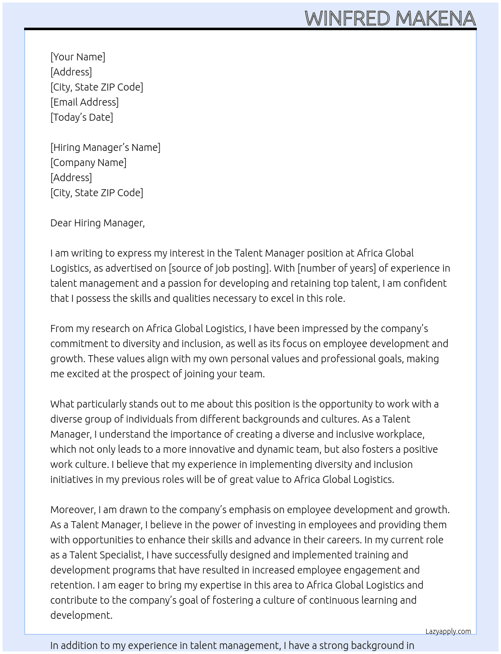 Talent Manager At Africa Global Logistics Cover Letter