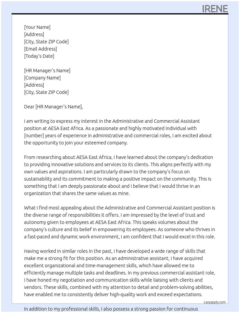 Administrative and commercial assistant  At AESA east Africa Cover Letter