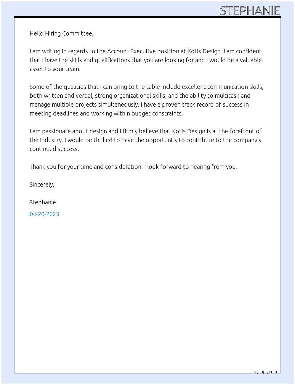 Account Executive At Kotis Design Cover Letter