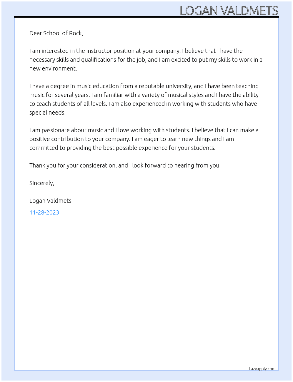 instructor At School of Rock Cover Letter