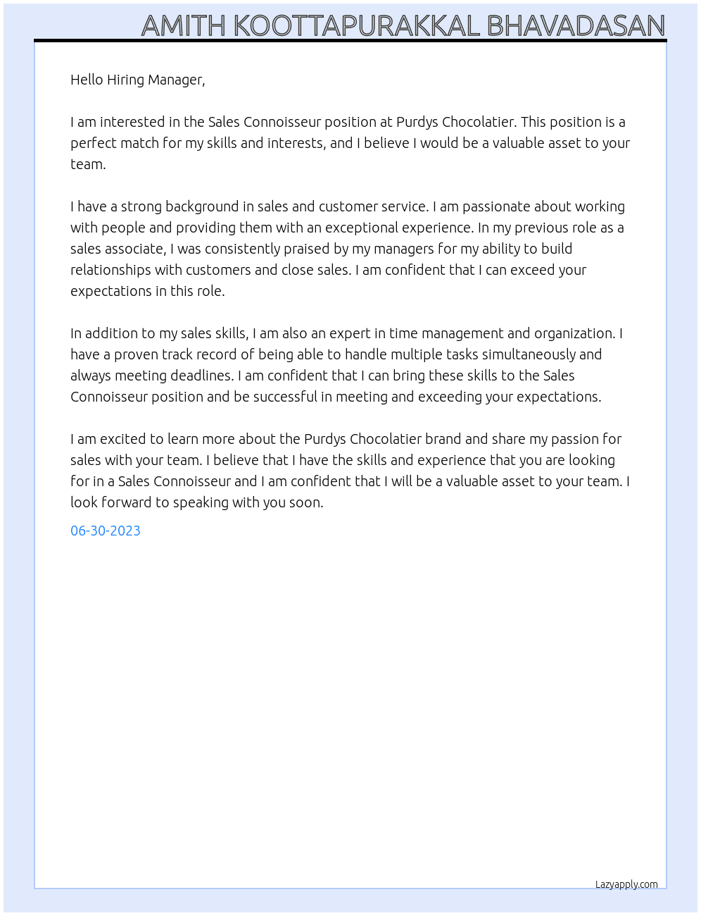 Sales Connoisseur At Purdys Chocolatier Cover Letter