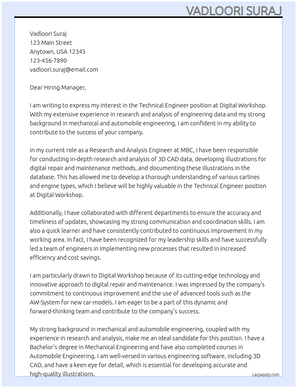 technical engineer At digital workshop Cover Letter