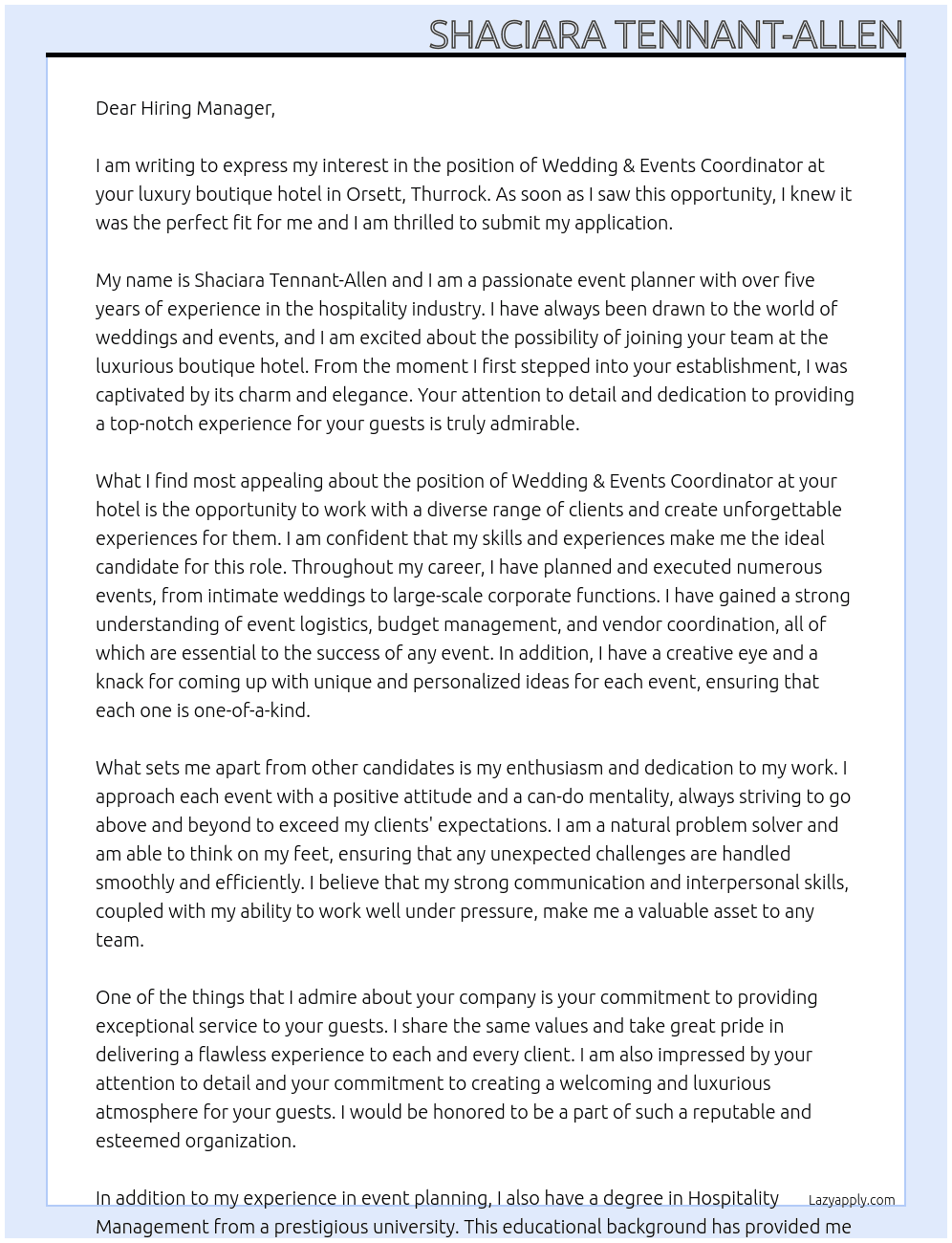 Wedding & Events Coordinator At luxury boutique hotel Cover Letter