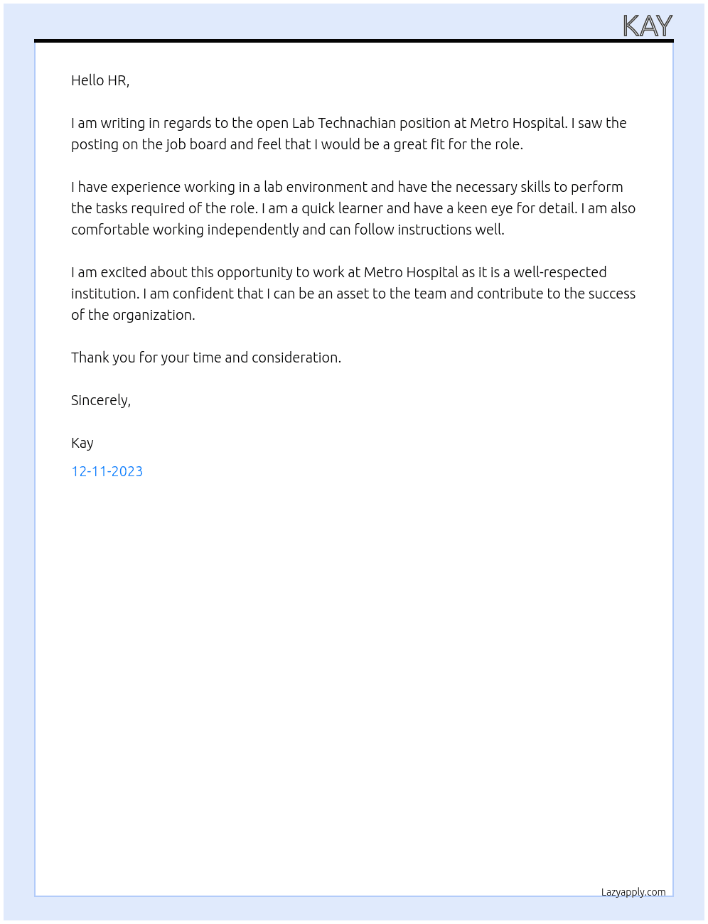 LAB TECHNACHIAN  At METRO HOSPITAL Cover Letter