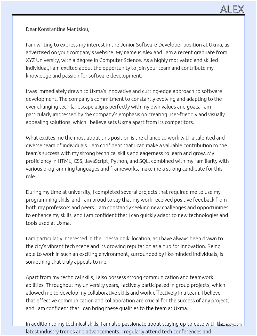 Junior Software developer At Uxma Cover Letter