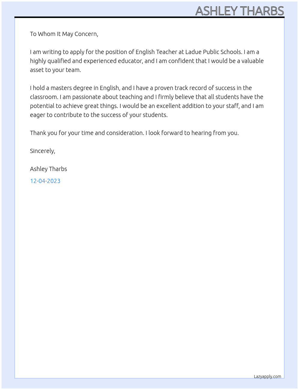 English Teacher At Ladue Public Schools Cover Letter