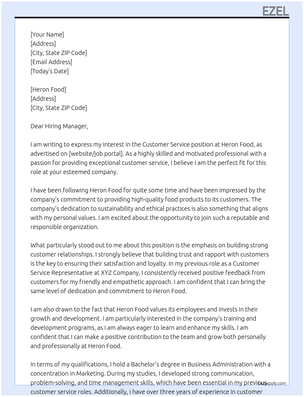 Customer service  At Heron food Cover Letter