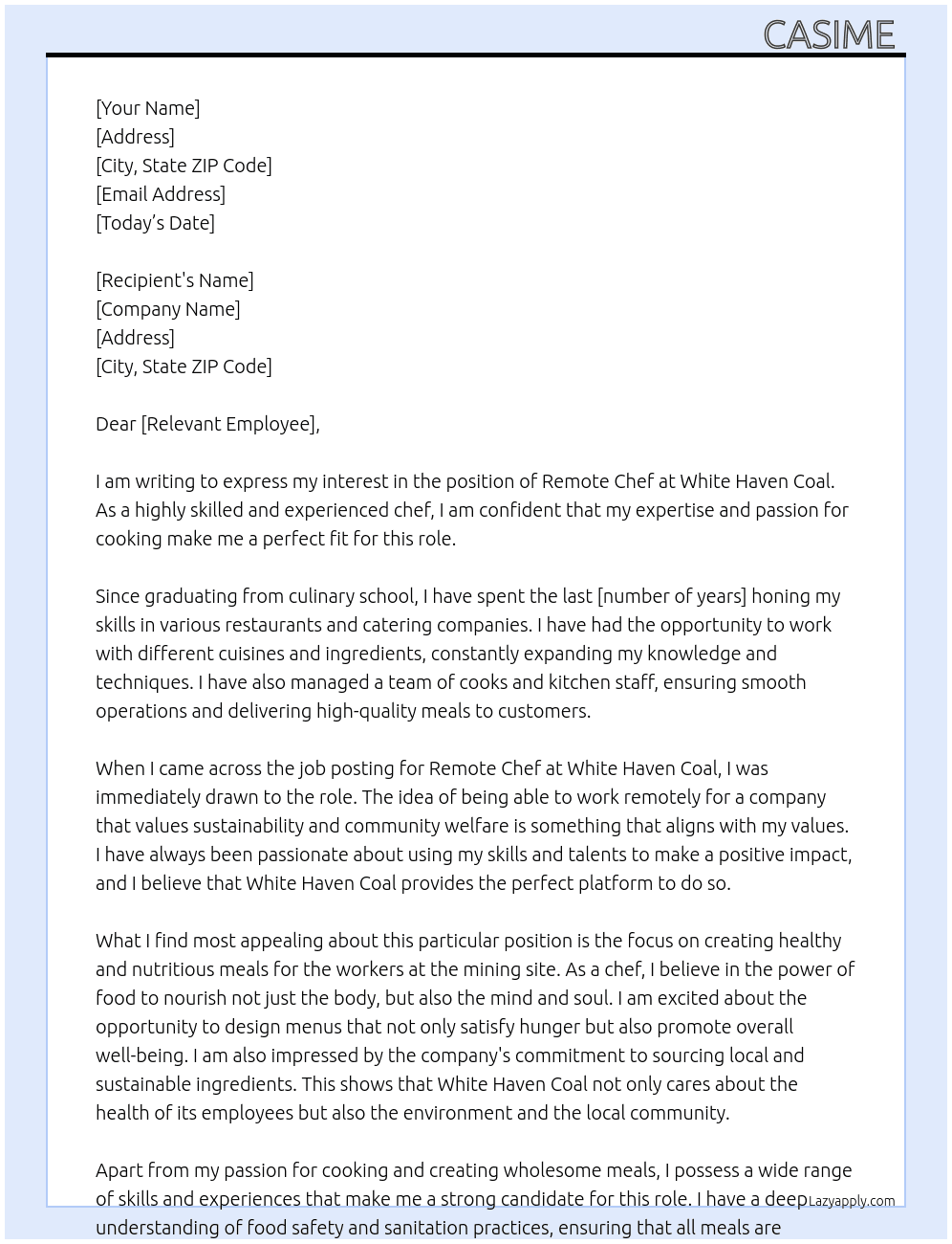 Remote chef At White haven coal Cover Letter
