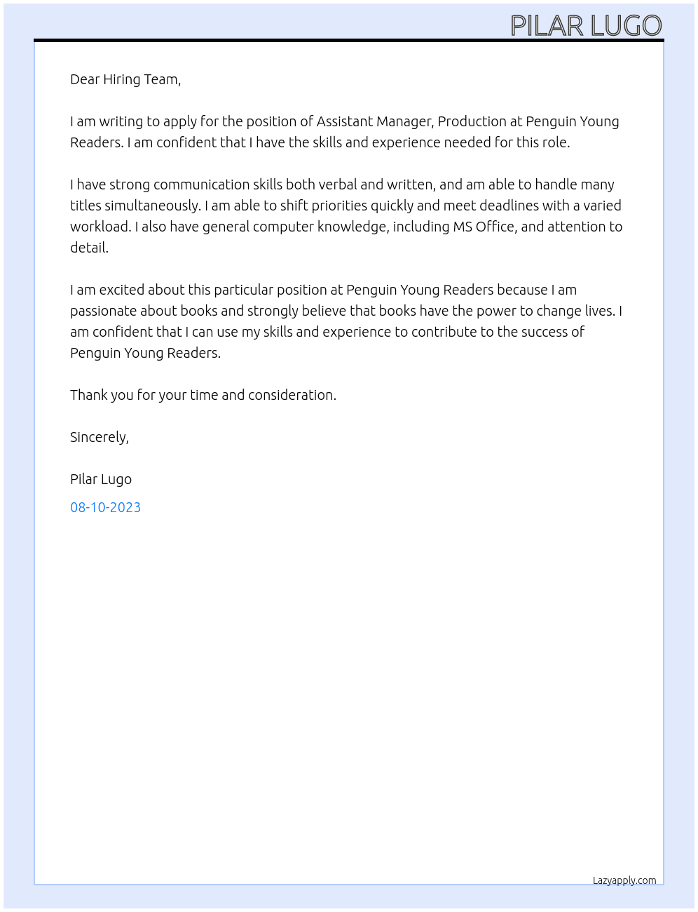  Assistant Manager, Production - Penguin Young Readers  At Penguin Young Readers Cover Letter