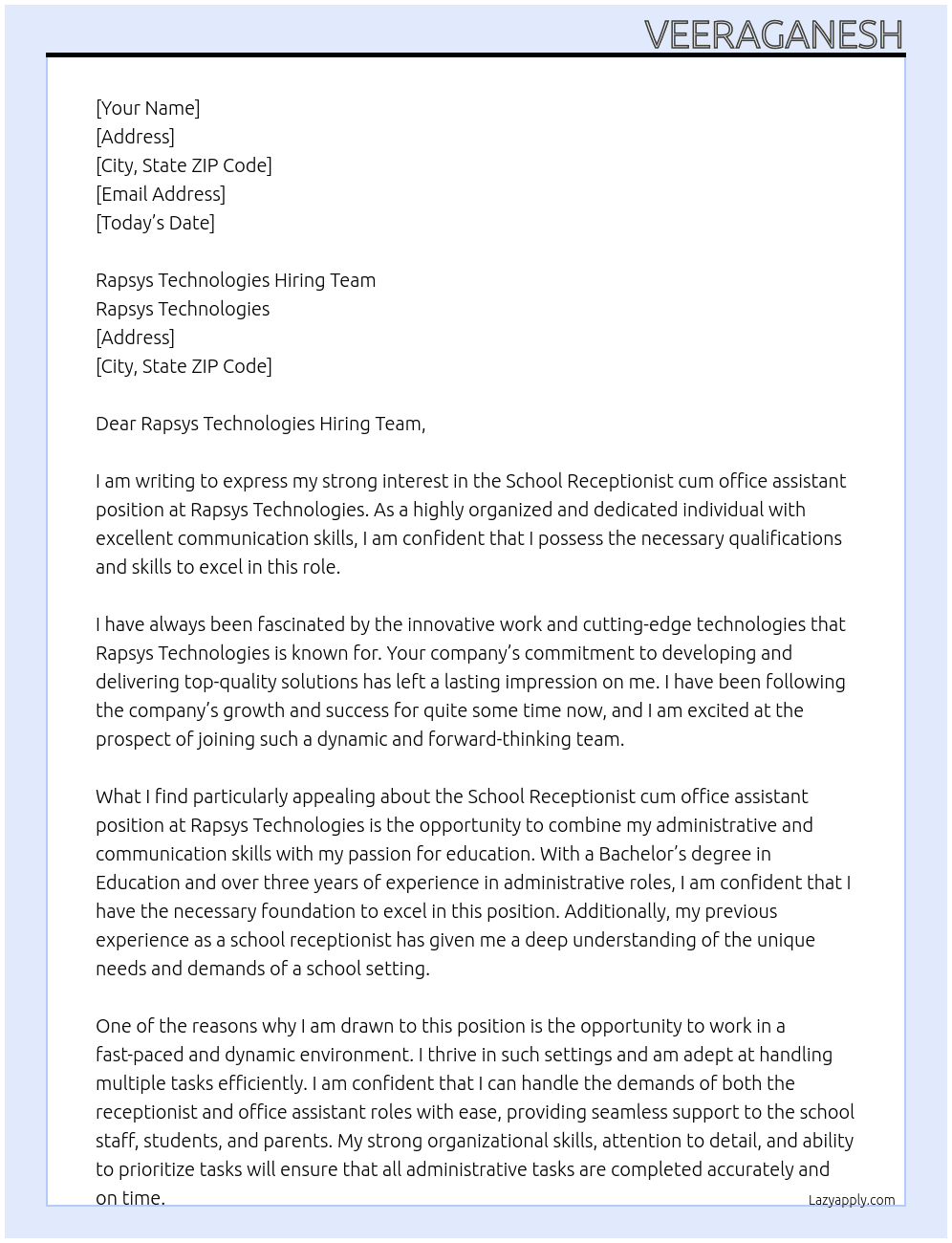 School Receptionist cum office assistant At Rapsys Technologies Cover Letter