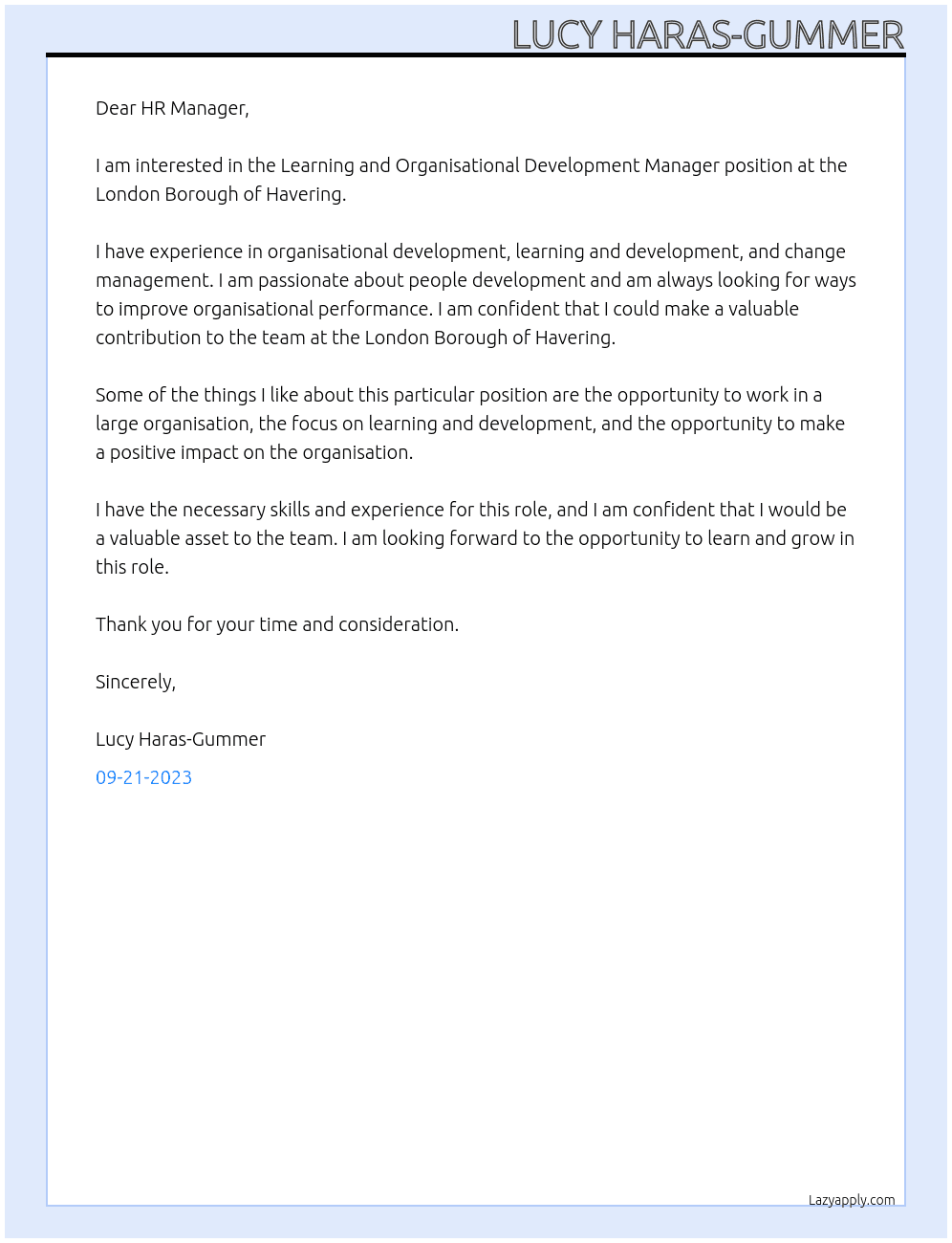 Learning and Organisational Development Manager At London Borough of Havering Cover Letter
