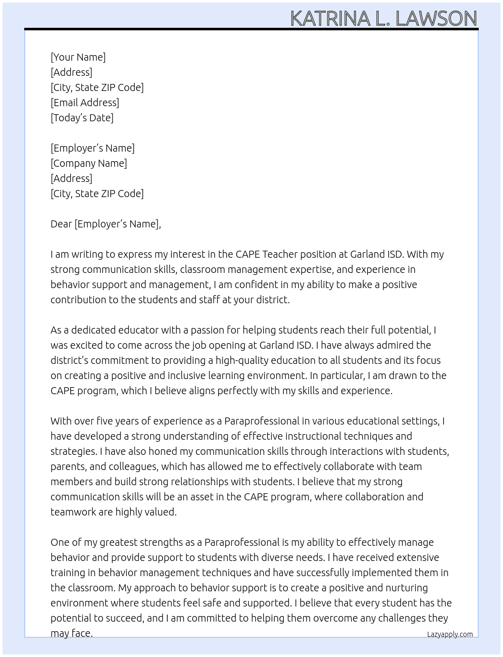 CAPE Teacher At Garland ISD Cover Letter