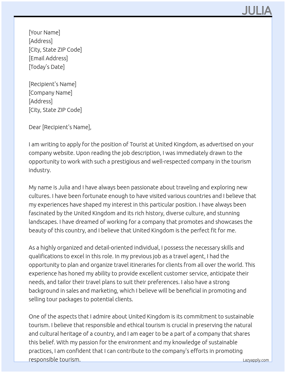 Tourist At United Kingdom Cover Letter