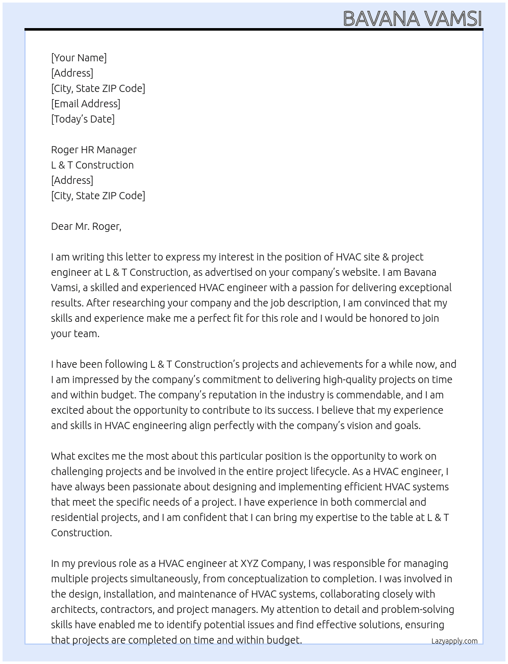 HVAC site & project engineer At L & T Construction Cover Letter