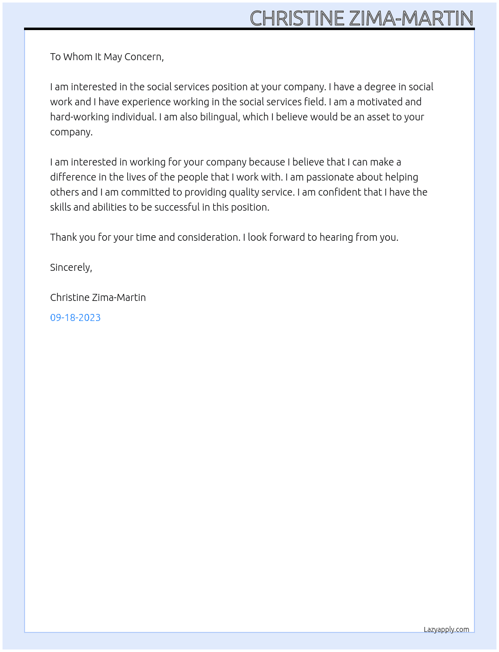 social services At human resources Cover Letter