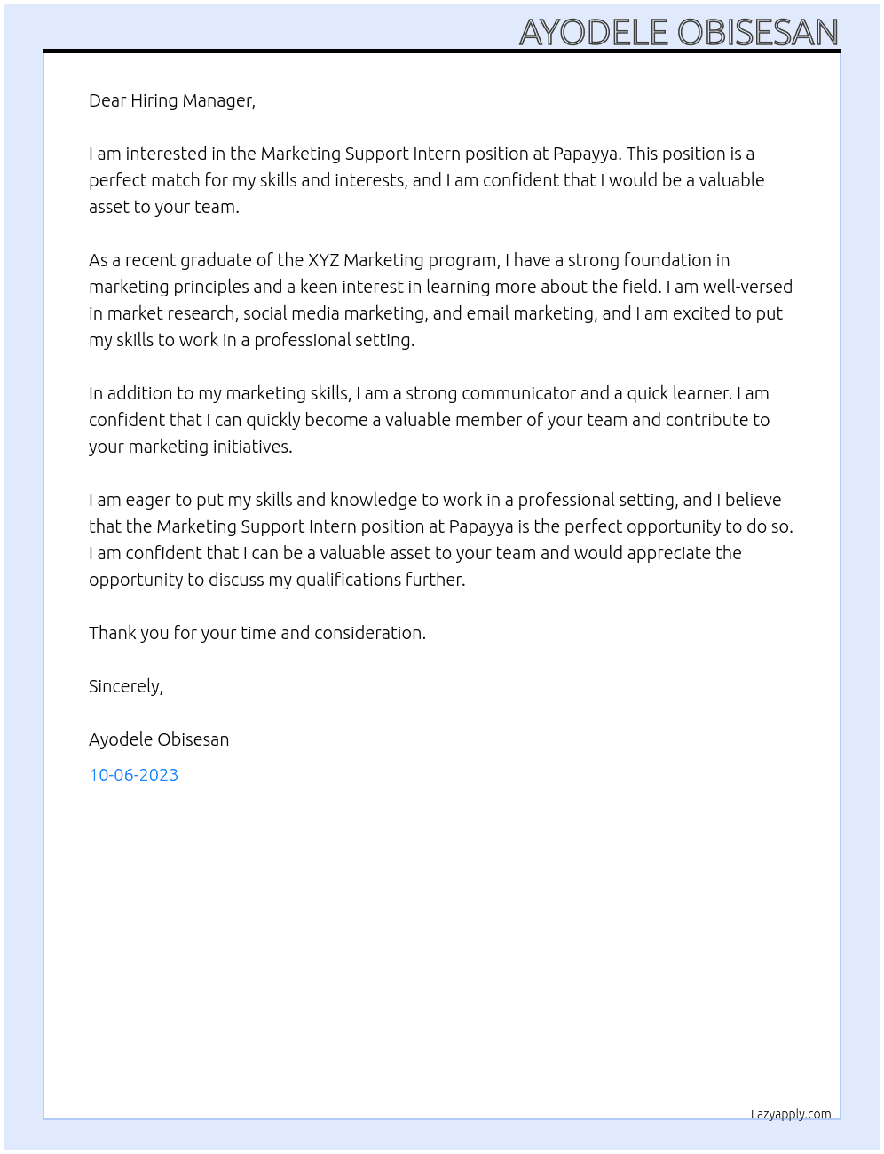 Marketing Support Intern  At Papayya Cover Letter