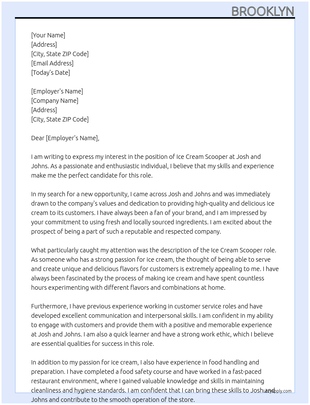 Ice cream scooper At Josh and Johns Cover Letter