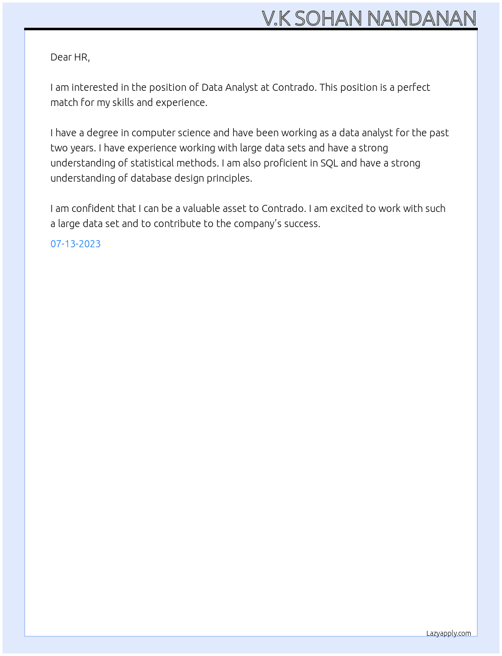 Data analyst At Contrado Cover Letter