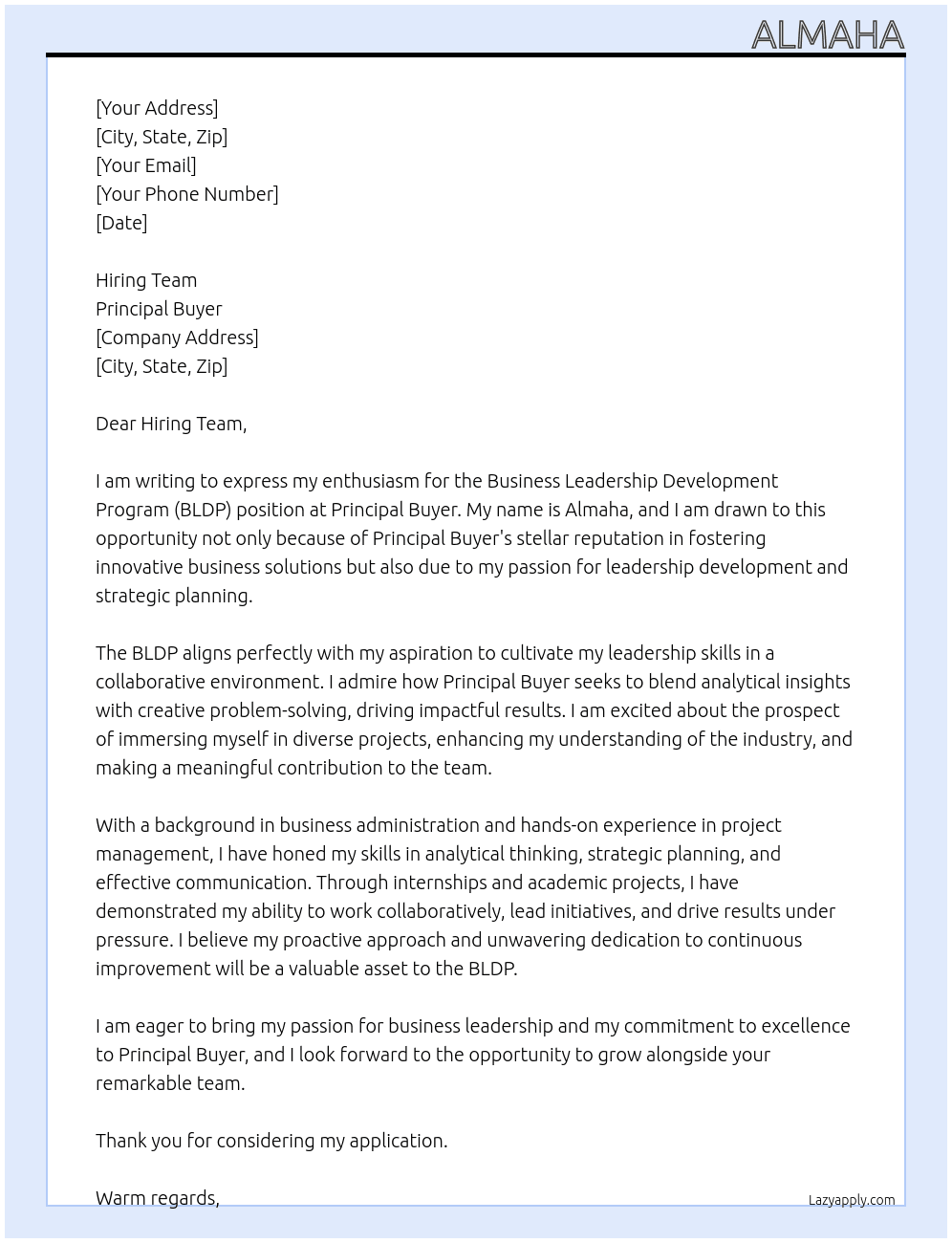 Business Leadership Development Program (BLDP) At Principal Buyer Cover Letter